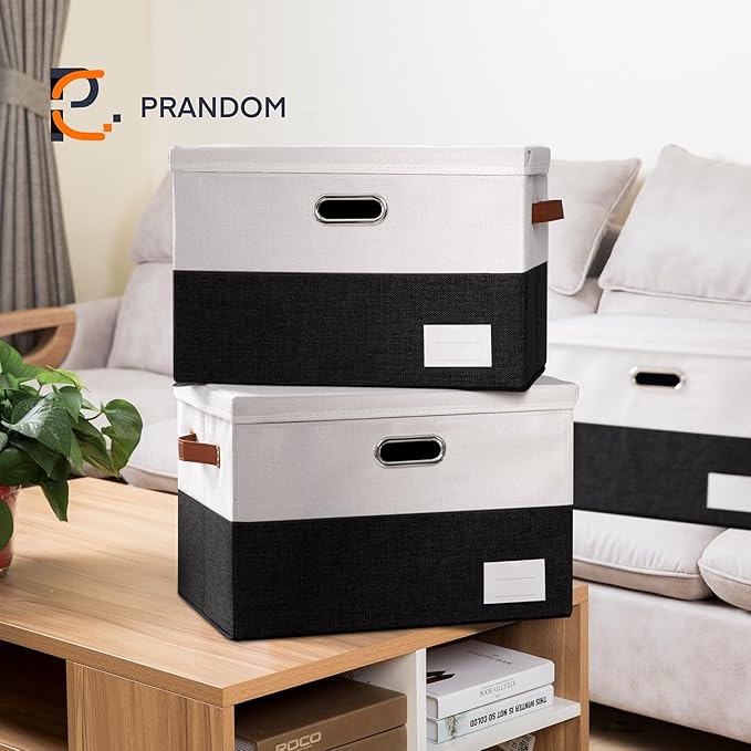 Foldable Storage Bins with Lids [3-Pack] Fabric Collapsible Storage Boxes Baskets Cubes Containers with Handles for Closet Living Room Bedroom (Black & White 17.7x11.8x11.8'')