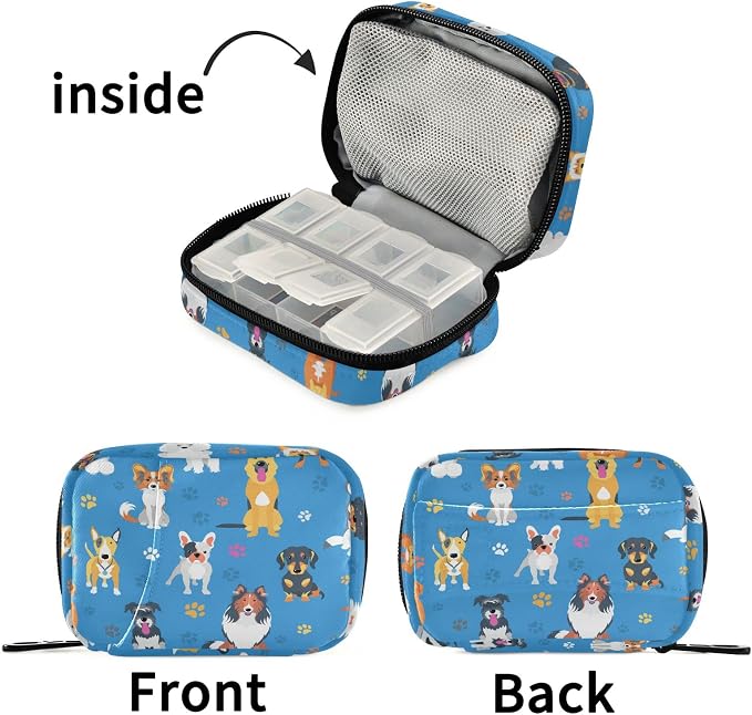 Cute Dogs Pill Organizer Case, Portable Weekly Pill Box Bag Container 7 Days Pill Vitamin Supplement Holder with Zipper for Travel Family Business