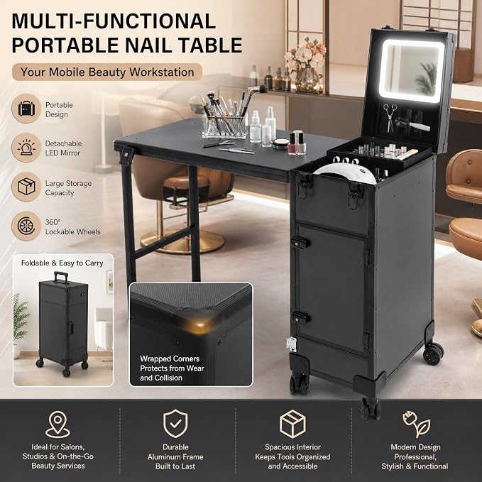Rolling Makeup Case with 3 Drawers, Portable Manicure Table Lockable Makeup Train Case with Foldable Portable Nail Desk Cosmetic Travel Case with LED Light & Key for Hair Barbers/Stylists
