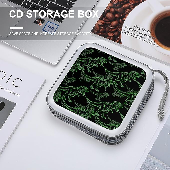 40-Disc CD/DVD Organizer Wallet Dinosaurs, Heavy-Duty Hard Plastic Binder, Portable Storage Case with Carry Strap for Car