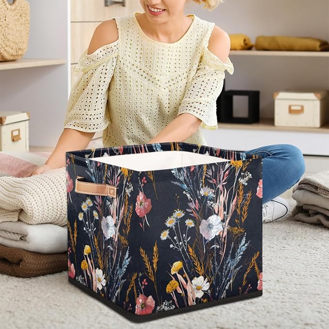 Wildflower Plant Cube Storage Bin, 13 Inch Collapsible Fabric Storage Cubes Bin, Flower Floral Foldable Cube Baskets for Shelf, Closet, Organizer