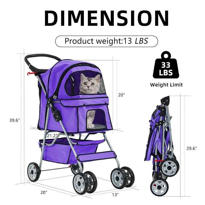 4 Wheels Cat Stroller, Pet Dog Jogger Stroller, Folding Carrier Waterpro with Cup Holder & Removable Liner, Dog Strollers for Small Dogs, for Small and Medium Pet Supplies (Purple)