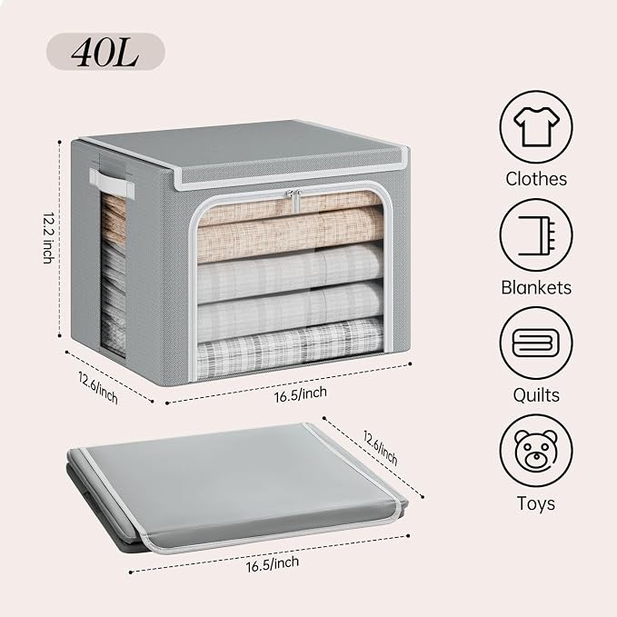 Yecaye Clothes Storage Bins with Metal Frame, Foldable Organizer Box, 40L | Stackable Zippered, With Lid, Clear Window＆ PU Leather Handles