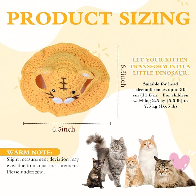 Tiger Cat Hat, Cotton & Soft Cute Knitted Hats for Cats Birthday Party Spring Puppy Hat for Small Pets (Yellow, M)