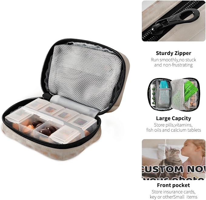 Custom Pill Bag with Photo Pill Box 7 Day Pill Case Travel Pill Organizer Bag with Zipper Portable Weekly Case Compact Size for Vitamin Supplement Holder