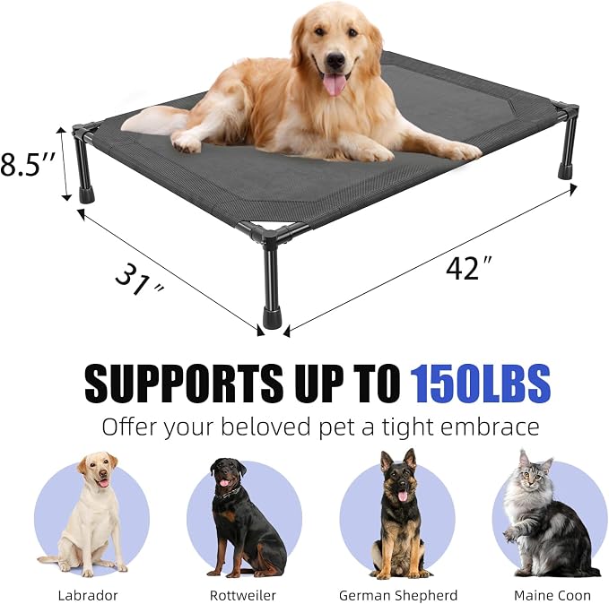 Simple Trending Elevated Dog Bed for Large Dogs, Waterproof Raised Dog Cot | Washable Mesh, Cooling Breathable Pet Bed for Outdoor, Portable Pet Cots, Anti-Slip Feet, Easy to Clean, 42" x 31", Black