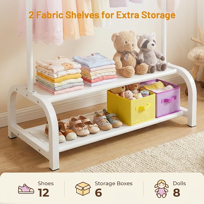 Kids Clothes Rack for Ages 3-6, Montessori Kids Clothing Rack, White | Kids Dress Up Rack with 2 Fabric Storage Shelves & Side Hooks, Toddler Wardrobe Rack for Costumes, Princess Dresses and Shoes