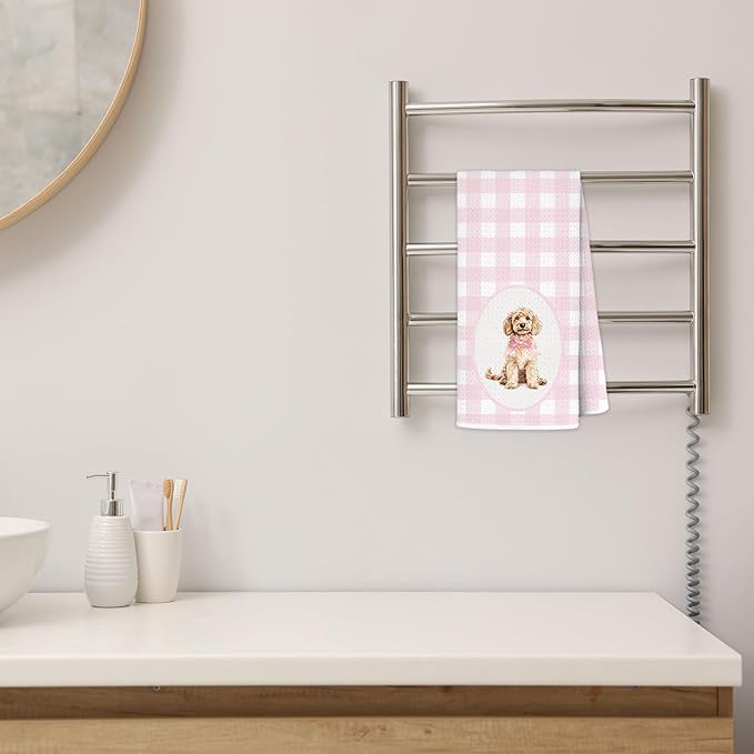 Pink Plaid Cockapoo Kitchen Towels 16x24 Inch, Cockapoo Lovers Gifts Decorative Hand Towels for Bathroom, Pink Checkered Dog Dish Tea Towel Drying Cloth