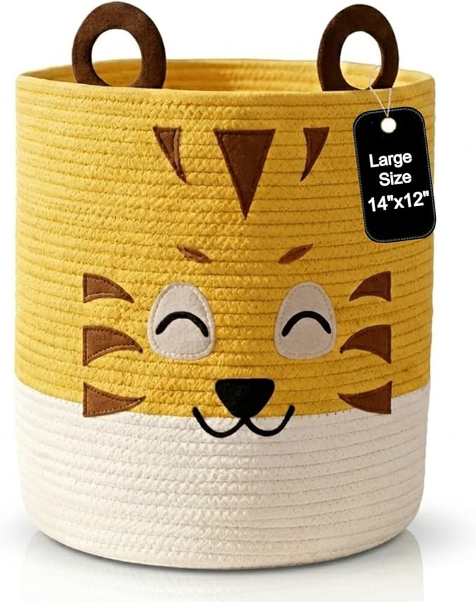 Storage Basket | 25L Woven Cotton Rope Bin with Tiger Design, Cutout Handles | Foldable & Decorative Home Storage Organizer for Laundry, Clothes & Household Items | Multi-Purpose Storage (Tiger)