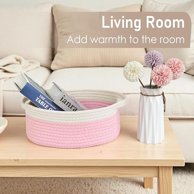 JMvicyroam Small Woven Basket, Empty Gift Basket, White&Pink/3 Pack | Small Gift Basket, Cotton Rope, 12 x 8 x 71 in, Handles, Includes Ribbon and Bag, Birthday Gift Basket