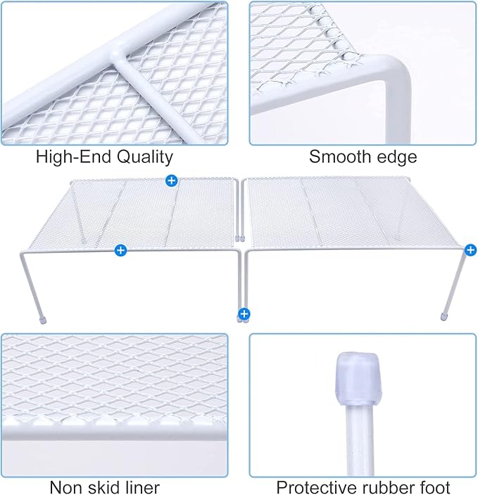 Set of 4 Mesh Kitchen Shelves Cabinet Storage Shelf Rack (13.1 x 10.2 Inch) ，Kitchen Bathroom Pantry Cupboard Desk Home Office, Fridge, Cabinet, Bathroom Cupboard, Non-slip Plastic Feet (4, White)