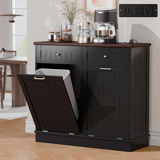 Betterhood Double Tilt Out Trash Cabinet with Power Outlet & USB, Hidden Garbage Can Holder with 2 Storage Drawers, Wooden Laundry Hamper for Kitchen, Bathroom, Living Room, Black