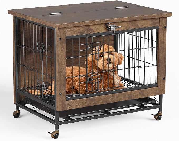 Rustic Brown with Dog Crate Furniture with Wheels, Easy Mobility & Secure Placement, Dual Doors & Top-Opening Access, Cleaning & Comfort, Multi-Functional & Space-Saving Design