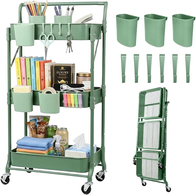 Amatic 3-Tier Folding Rolling Utility Cart with Wheels, Metal Foldable Storage Cart Organizer with 3 Hanging Cups & 6 Hooks for Kitchen, Office, Living Room, Nursery(Green)