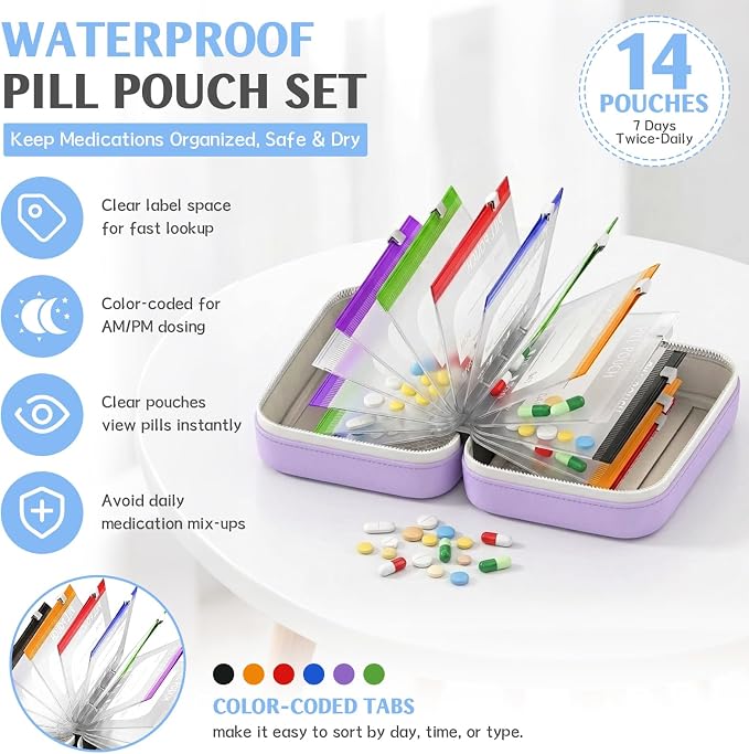 A8 Weekly Waterproof Pill Pouch Set, Reusable Weekly Pill Organizer with 14 Coded AM PM Pouches, Compact Portable Vitamin Supplement Storage Case for Travel Purse Daily Use