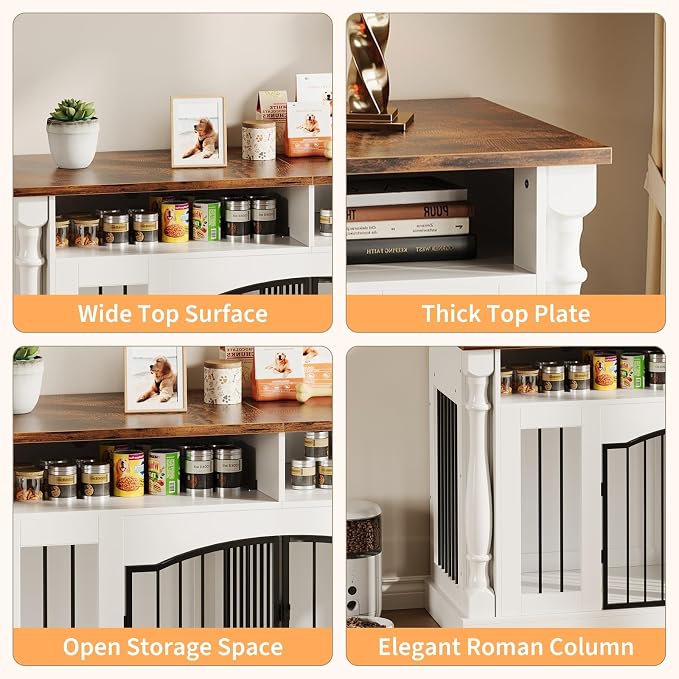 63" Large Dog Crate Furniture for Small & Medium Dogs, Roman Column Kennel Furniture with Semi-Open Storage, TV Stand Dog Cage Table, Heavy Duty Indoor Dog Kennel, White+Rustic Brown Top