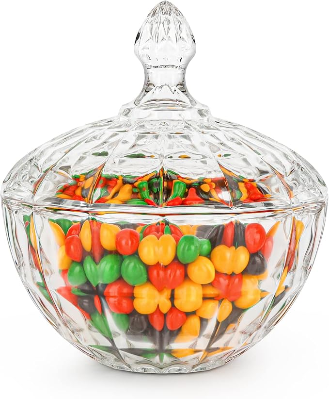 ComSaf 26oz Glass Candy Dish with Lid Crystal Candy Jar Clear Covered | Covered Candy Storage, Coffee Table Office Desk Bathroom Vanity Decor, Countertop Display, Large Capacity, Kitchen Storage