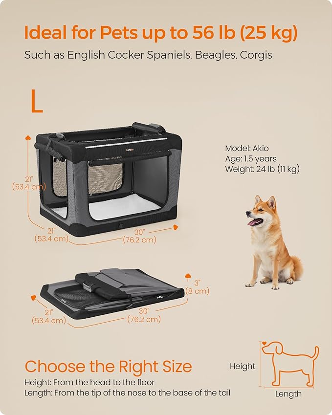 Feandrea Collapsible Dog Crate, Portable Travel Crate, 30-Inch | Oxford Fabric Pet Carrier with 4 Mesh Doors, Handles, Storage Pocket, Water Bottle Holder, UPDC017B01