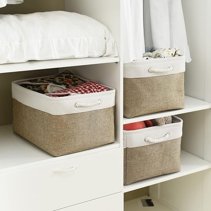 Organization and Storage Basket for Organizing - X Large - 3 Pack 17.7L×13.8W×9.8H in Collapsible Storage Bin for Shelves, Fabric Basket for Gifts Organizer Toy Closet (White & Khaki)