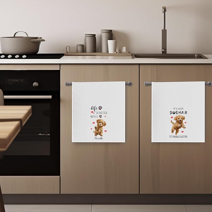 Poodle Gifts Dish Towels Set - Funny Poodle Gifts Waffle Weave Kitchen Towels, Dog Hand Tea Towel, Dog Lover Gift for Women (16×24 Inches Set of 2)