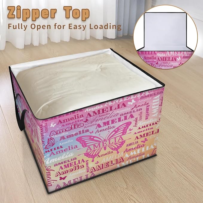 Custom Comforters Storage Basket with Lid, Personalized Name Large Organizer Bin for Pet/Children Toys, Books, Clothes, Perfect for Rooms/Playroom, Colorful Pink Butterflies