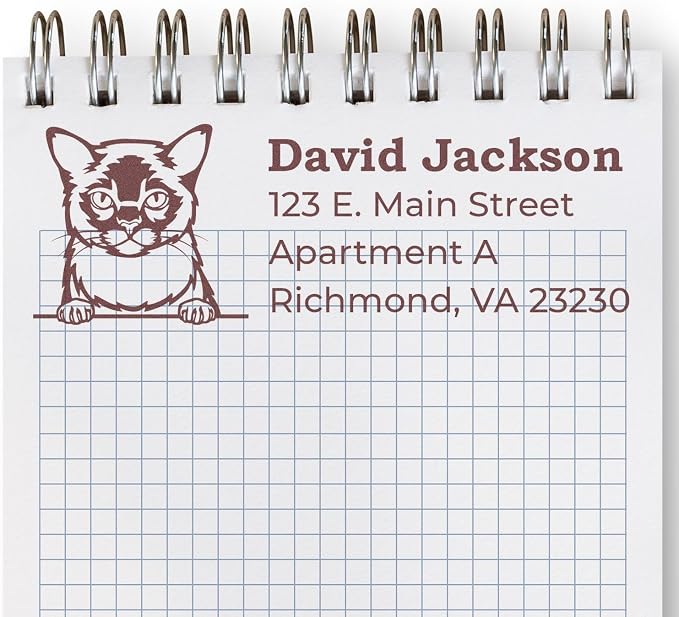 Peeking Burmese Cat Wood Handle Address Stamp - 4 Line Personalized Stamp | 4 lines. Address Stamper for Holiday Cards. Made to Order Burmese Cat Home Address Stamp. 7/8 by 2-1/4 inch imprint.