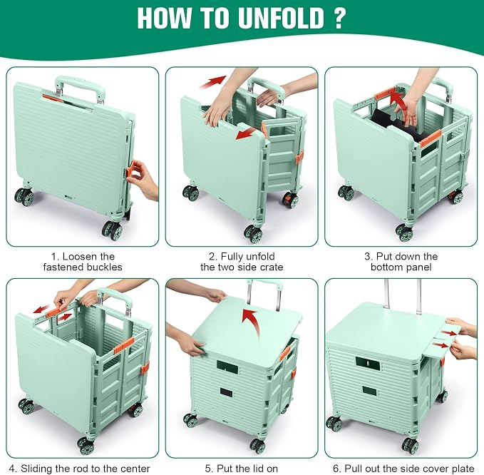 Foldable Utility Cart Folding Portable Rolling Crate with Magnetic Extended Lid,360°Rotate Wheels,176LBS Load Capacity,Heavy Duty Durable Dolly Cart for Teacher Tourist Shopping Office Outdoor