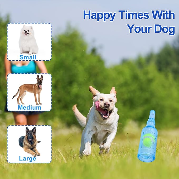 QTLJJBY Squeaky Ball in Bottle Dog Toy, TPR Wine Bottle with Tennis Ball Inside Toy for Puppy (Blue, Small)