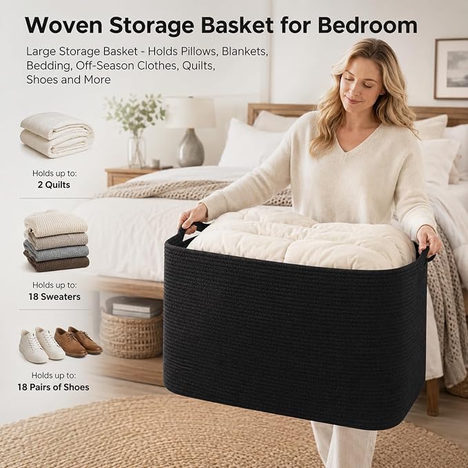 OIASKET 108L Extra Large Blanket Basket Living Room, 24.8" x 16.2" x 16.2" | Rectangle Woven Laundry Hamper, Nursery Blanket Storage Living Room, Toy Storage With Handle, Large Baskets for Organizing