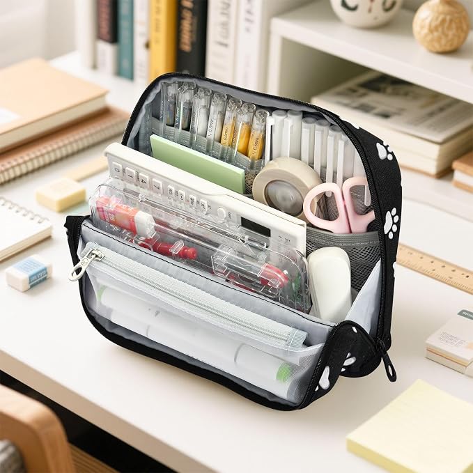 Aslsiy Large Capacity Pencil Case White Cute Pet Paws Black (2) Pencil Pouch for Boys Girls Portable Pen Bag Organizer Standing Makeup Bag for School Office Supplies