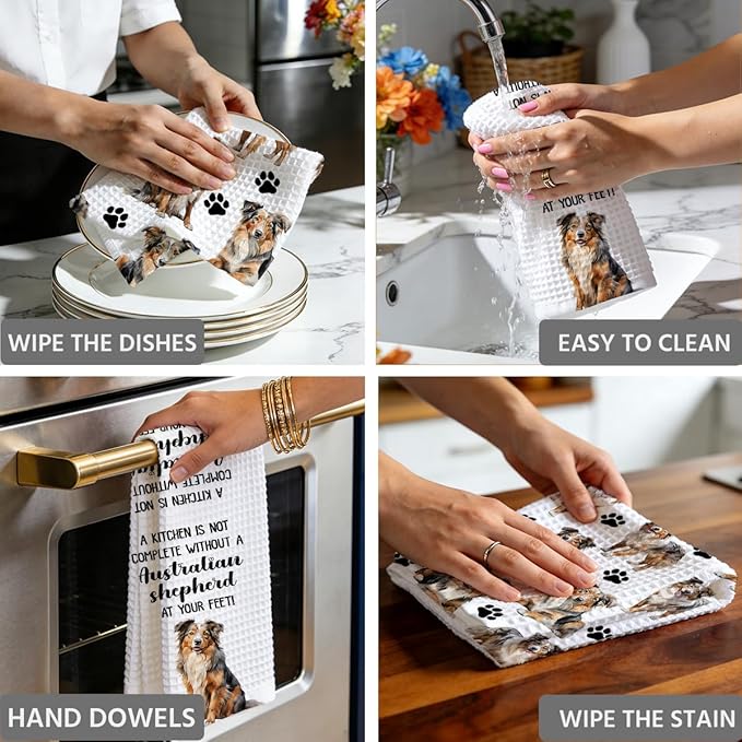 Australian Shepherd Waffle Weave Kitchen Towels, Quick Dry Multipurpose Hand Towels for Bathroom, Absorbent Reusable Cloth Tea Dish Towels for Home Decor, Dog Lover Gift Towel Set of 2