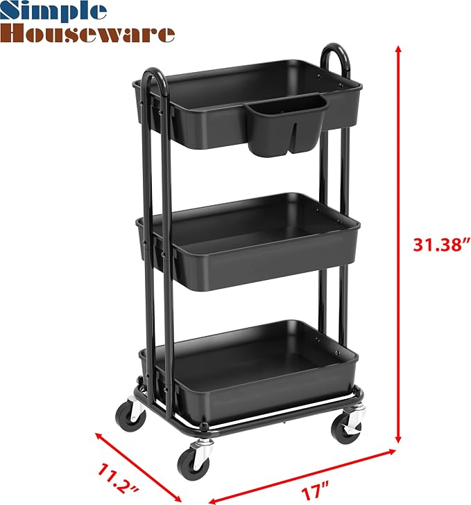Simple Houseware 3-Tier Rolling Utility Cart with Hanging Bucket, Black | Storage for Bathroom, Kitchen, Office, Study Room, Nursery Diaper