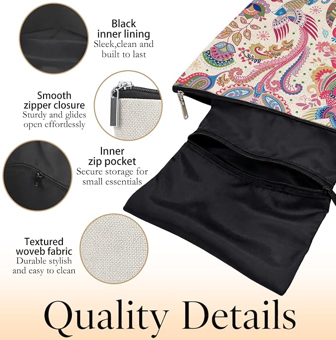 Colorful Paisley Empty Mahjong Tile Bag 13x7.8 Inch | Boho Floral Printed Portable Travel Case Organizer Zipper Pouch for American Mahjong Tiles Game Night Accessories and Gifts