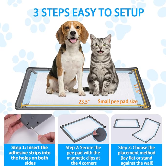 Dog Pee Pad Holder with 4 Magnetic Corner Clips, Silicone Small 17.5x23.5 Inch Silicone Non-Slip Base Puppy Potty Training Tray, Leak-Proof Raised Edge for Home Indoor Floor Wall Protection