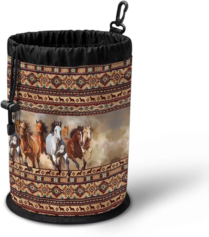 Clothespin Bag Organizer, Boho Pattern Horses Drawstring Laundry Peg Storage Pouch with Hanging Loop, Portable Multifunctional Clips Holder for Drying Rack, Camping & Home