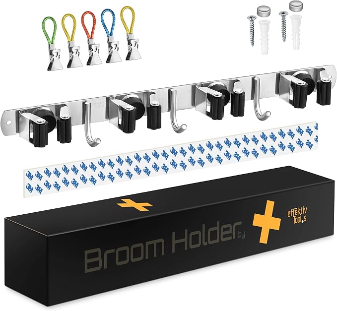 2 Pack Wall Mount Hanger for Brooms & Mops - Adhesive Stainless Steel Mop Hanger for Wall, 4 Clamps, 3 Hooks, 10 Towel Hanger Clips Including Mounting Hardware for Tools Organization