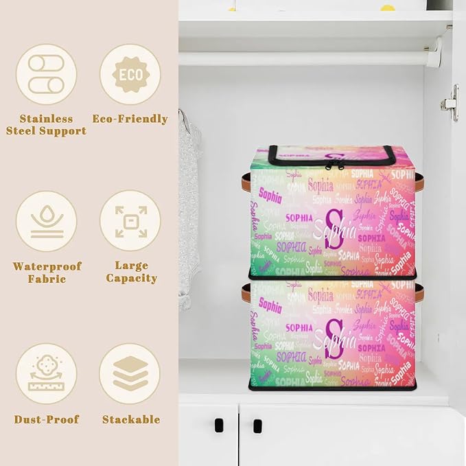 Personalized Storage Bins with Zipper Lid, Customized Name Storage Basket Rectangle Clothes Organizer for Kids and Pets Toys Shelf Closet, Gradient Green with Pink Color