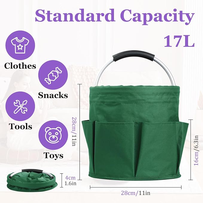 17L Cleaning Caddy with Handle, 600D Oxford Cleaning Supply Caddy with 6 Pockets, Foldable Tool Bucket Organizer for Housekeeping, Gardening, Car Detailing, Traveling, Camping, Green