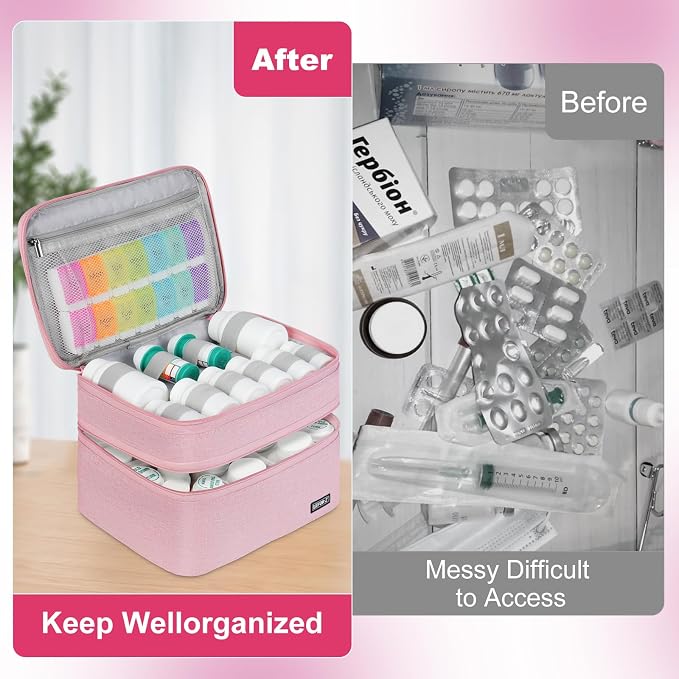 LEFOR·Z Medicine Bag,Double Layers Pill Bottle Organizer Travel Bag Empty | Medical Supplies Storage Bag with Lockable Zipper & Adjustable Divider,Medication Carrying Bag for Pills,Vitamins,Pink
