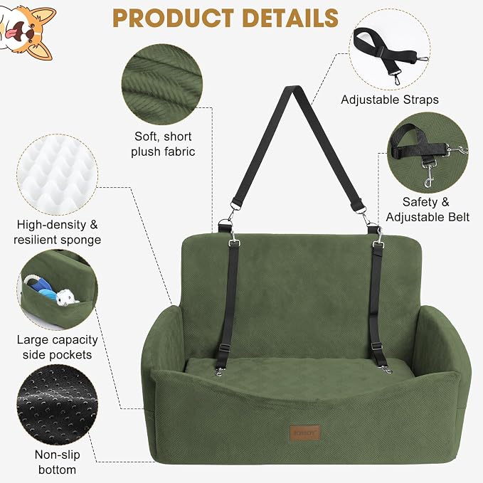 JOEJOY Dog Car Seat for Large Medium Sized Dogs Under 55 lbs, Dog Booster Seat for 2 Small Dogs with Detachable Washable Cover, Memory Foam Pet Car Seat with 2 Safety Belts and Storage Pockets
