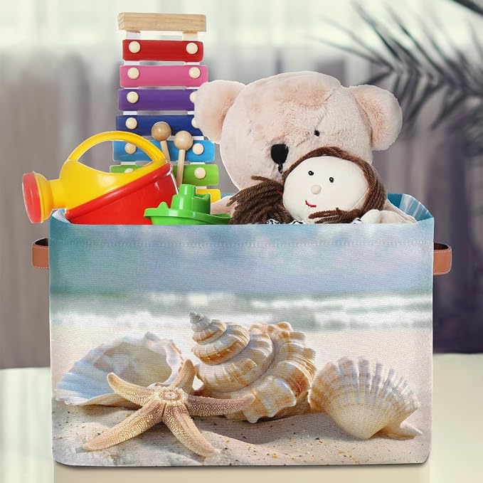 SEULIFE Summer Ocean Sea Beach Seashell Starfish Foldable Storage Basket, Large Collapsible Organizer Storage Bin Cube Toys Storage Boxes with Handles for Bathroom Kids Nursery Closet Storage, 2 Pack