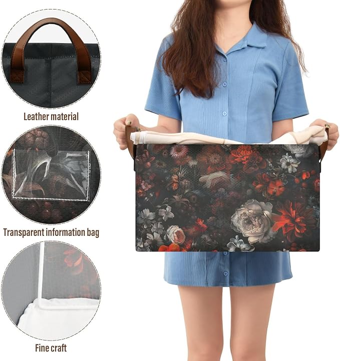 Moody Floral Goth Flower Gothic Dark Storage Bins for Shelves with Labels&Handles Fabric Organizer Bin Foldable Rectangle Storage Basket Boxes for Closet, Bathroom, Home, Living Room