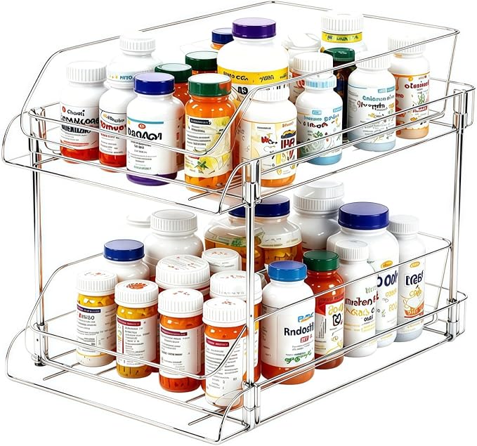 Medicine Bottle Organizer with Clear Pull-Out Drawers for Quick Access | Clear PET drawers, metal frame, smooth pull-out access, open top shelf, for vitamins, supplements, and medicine bottles