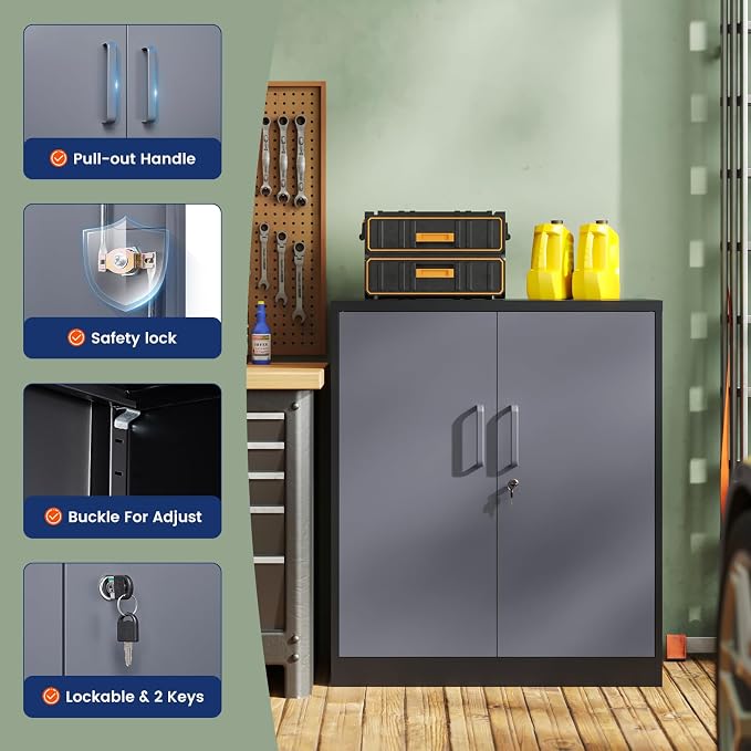 Metal Garage Storage Cabinet with 2 Doors and 2 Adjustable Shelves - 35.5" Steel Lockable File Cabinet for Home Office,Garage,Gym,School（Gray Black）