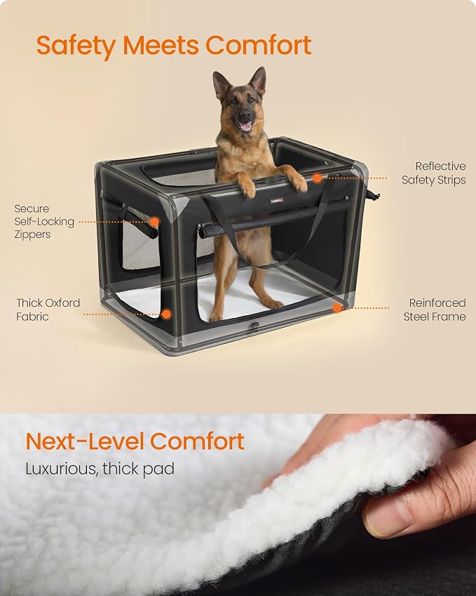 Feandrea Collapsible Dog Crate, Portable Oxford Fabric Pet Travel Crate with 4 Mesh Doors, Handles, Pocket, 42 Inches, for Large Dogs, Ink Black and Dove Gray UPDC031BH01