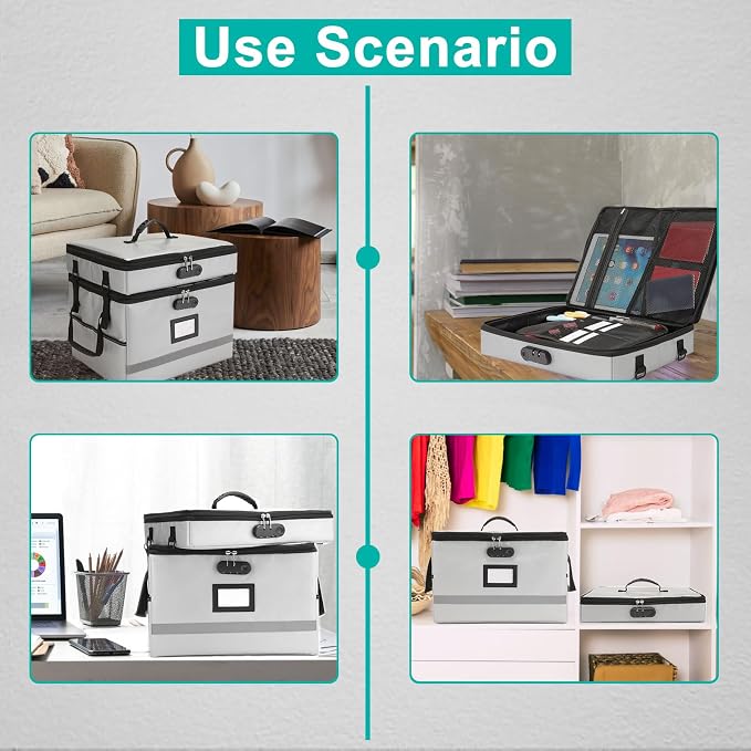 EXLIFBAG 2 Layer File Box with Lock, Portable Document Organizer Box with Handle, Fireproof File Box for Home Office, Legal File Organizer Storage