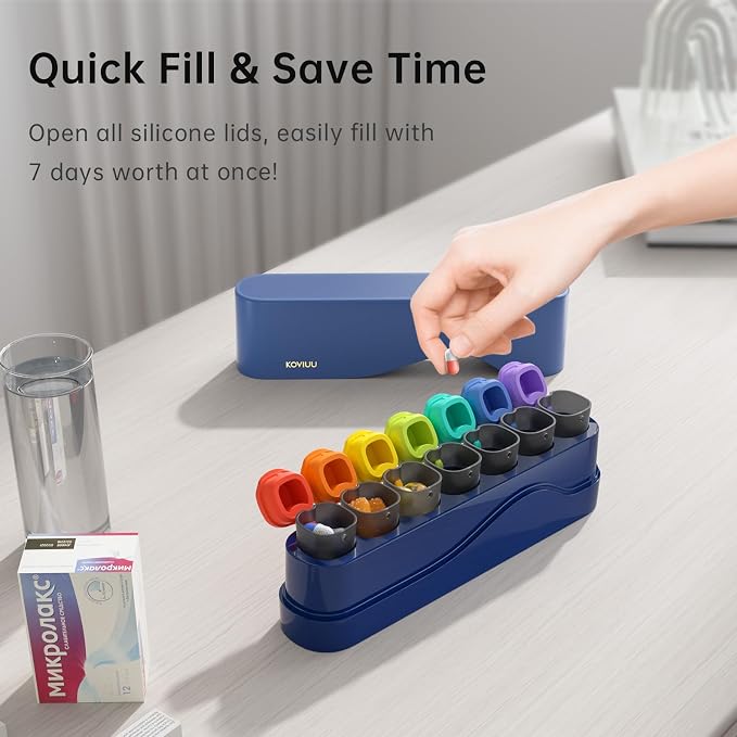 KOVIUU Weekly Pill Organizer 1 Time a Day, Detachable Pill Box 7 Day, Blue | Travel Pill Case | Once Daily Medication Dispenser | Week Pill Holder Container for Vitamin, Medicine, Supplement | BPA-Free