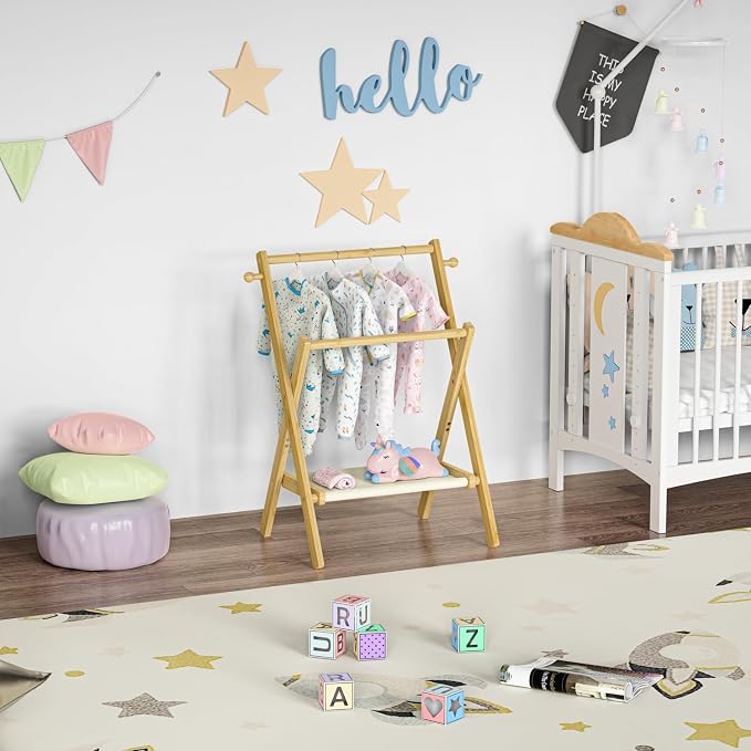 BAMBOOHOMIE Baby Clothing Rack for Baby Shower Pets Dolls, Baby Clothes Rack with Storage Shelf & Double Rods, Toddler Clothes Rack, Mini Closet Baby Shower Rack (Natural)