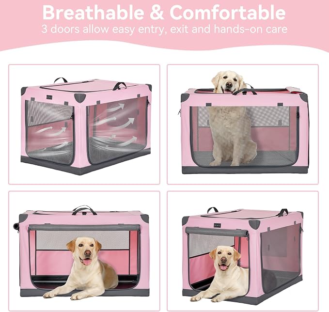 PETSFIT 36" Soft Portable Dog Crate – Patented Spiral Sturdy Frame, Collapsible Travel Kennel for Medium & Large Dogs, 3 Mesh Door, Lockable Zippers, Indoor & Car Use Pink