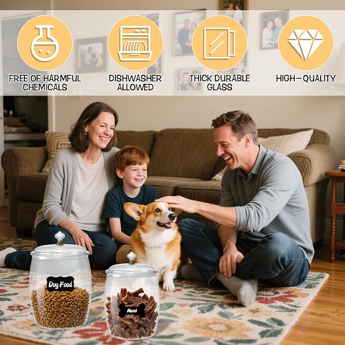 2 Pack Dog Treat Container Airtight, Dog Food Storage Container Dog Treat Jar with Lid 9.8x6.3 & 8.6x5.3 inch Clear Dog Cookie Jar with Scoops,Clamp,Labels for Dog Cat Bird and other Pet